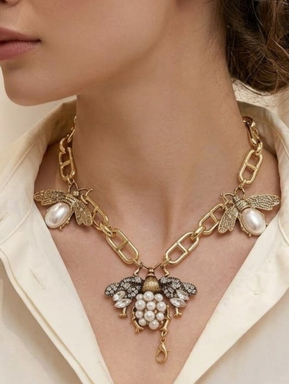 Gold Bee and Pearl Statement Necklace